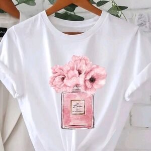 Chic White Tee with Pink Floral Perfume Graphic